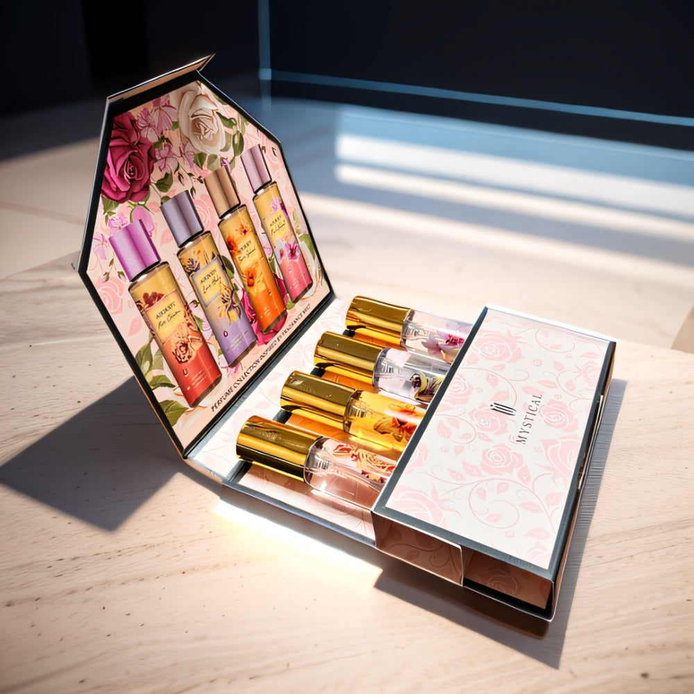 Perfume Gift Set Four 20ml Slim Spray Bottles with Gold Caps in Pink or Botanical Hinged Boxes