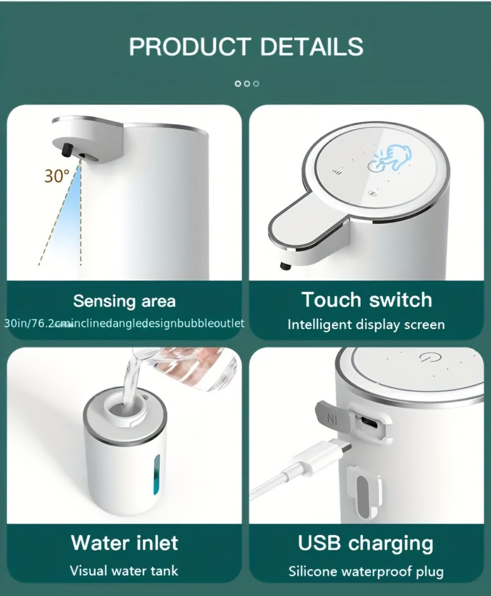 Foam Soap Dispenser Wall Mount Touchless 400ml USB Rechargeable IPX5 4 Adjustable Levels for Home Cooking, Dining and Outdoor Meals