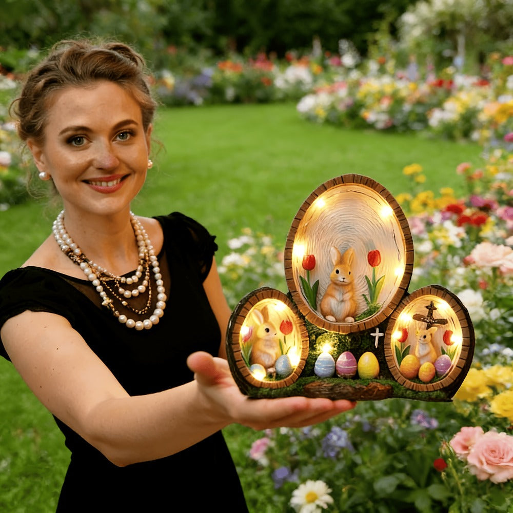 Handmade Resin Easter Egg Ornament - Painted Tulip Rabbit & Cross Decoration, Glowing Home Decor Accent for Easter