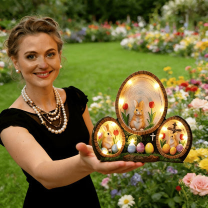Handmade Resin Easter Egg Ornament - Painted Tulip Rabbit & Cross Decoration, Glowing Home Decor Accent for Easter