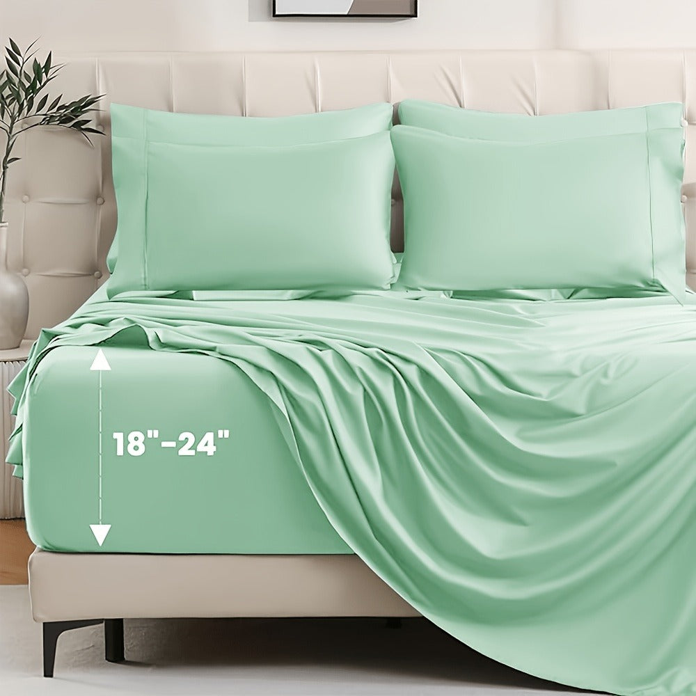 Bamboo Cooling Sheet Set 4pcs, Deep Pocket Fitted Sheet Flat Sheet Pillowcases for Hot Sleepers Twin Full Queen King