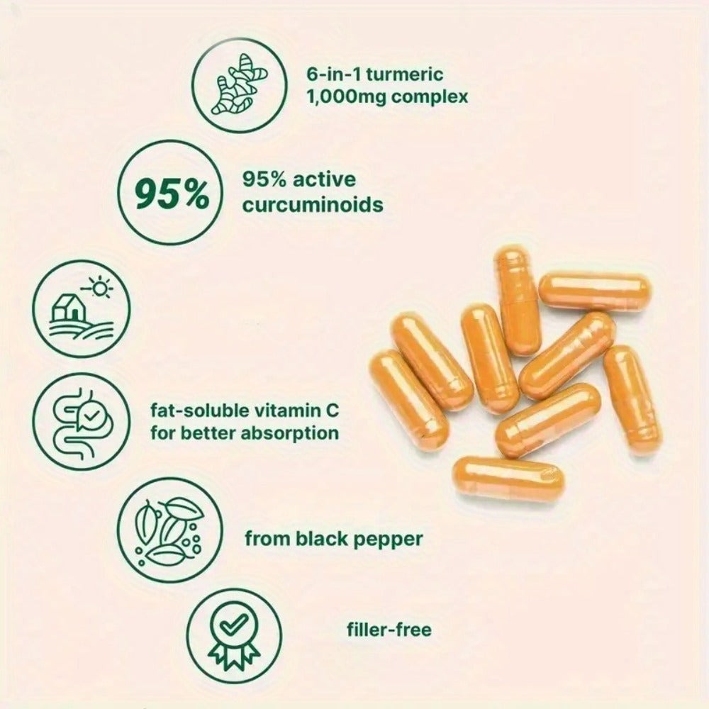 Curcumin 6-in-1 Capsules with 95% Active Curcumin, Vitamin C & Probiotics, 120 Capsules 120-Day Supply