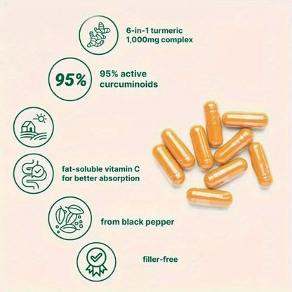 Curcumin 6-in-1 Capsules with 95% Active Curcumin, Vitamin C & Probiotics, 120 Capsules 120-Day Supply