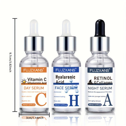 Vitamin C Retinol Hyaluronic Acid Serum Set, 3-Piece Day & Night Dropper Kit with Collagen & Glycerol