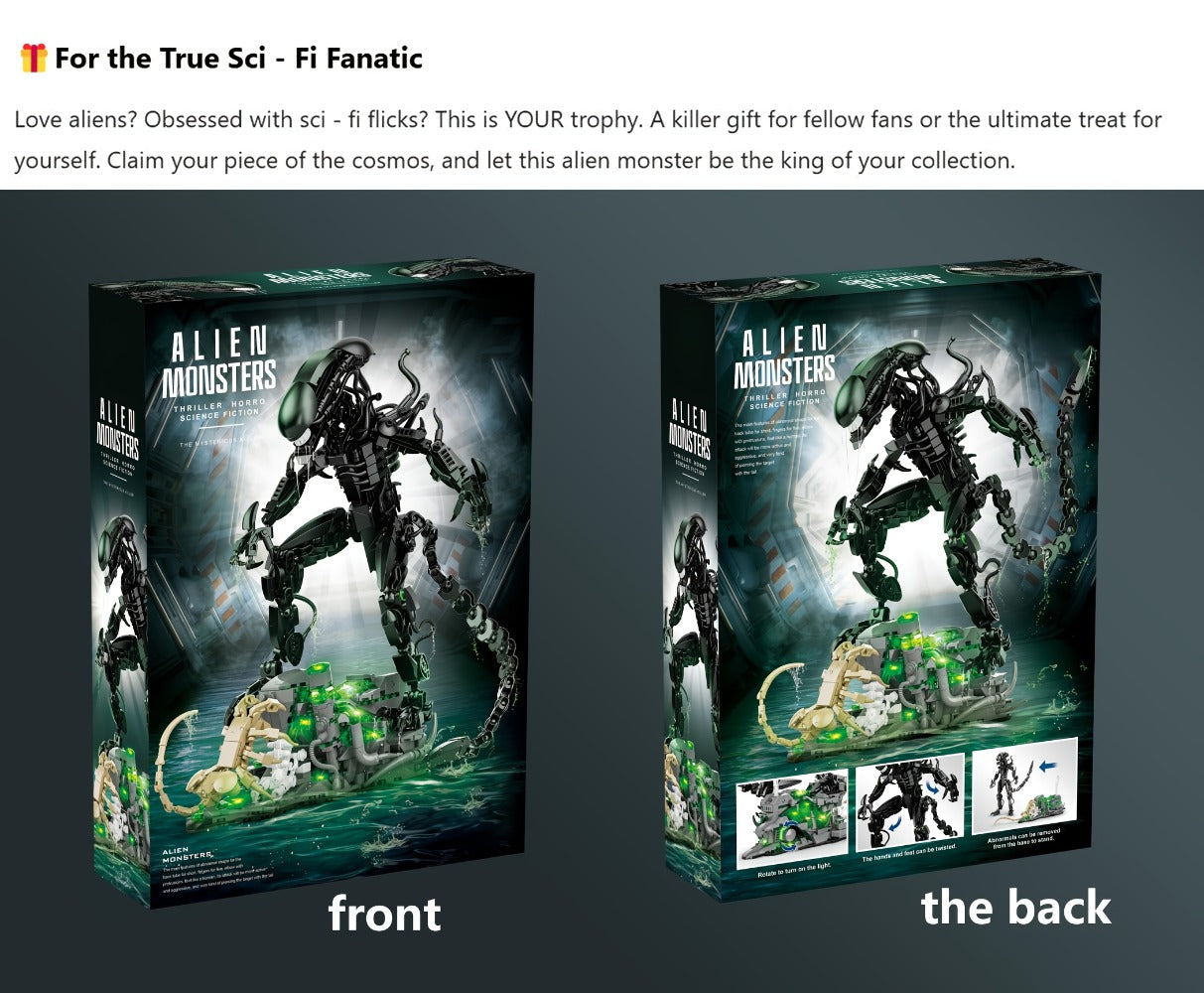 Building Block Set Alien Beast with 958 Pieces, Articulated Black Figure, Scene Base and Long Tail