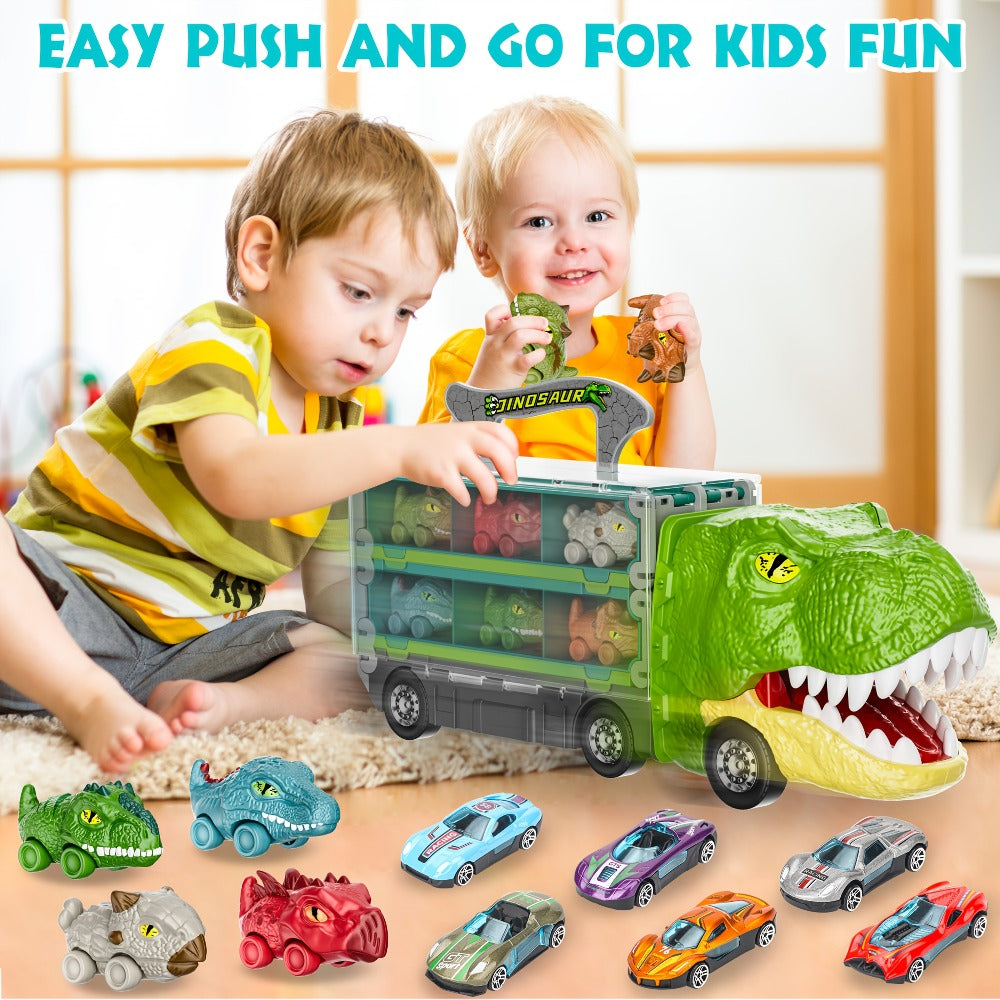 Dinosaur Truck Toys 13-in-1 Transport Carrier with 63-Inch Foldable Race Track, 6 Dino Cars + 6 Die-Cast Cars