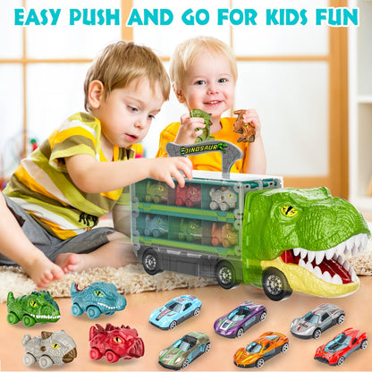 Dinosaur Truck Toys 13-in-1 Transport Carrier with 63-Inch Foldable Race Track, 6 Dino Cars + 6 Die-Cast Cars