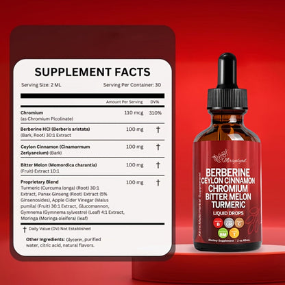 Berberine Blood Sugar Support Liquid Drops 2 fl oz with Ceylon Cinnamon Chromium Bitter Melon Turmeric