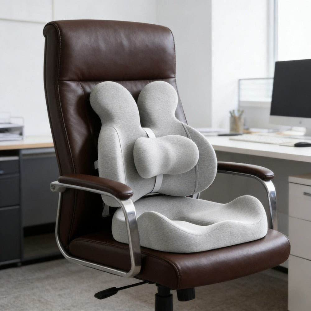 Two-Piece Contoured Seat and Lumbar Cushion Set with Adjustable Chair Straps and Three Colors