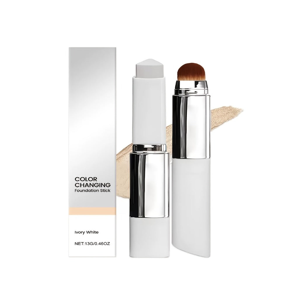 Skin Tone Adapting Color-Changing Foundation Stick 2-Piece with Built-In Brush & Puff – Lightweight Matte Finish Sheer to Buildable Coverage