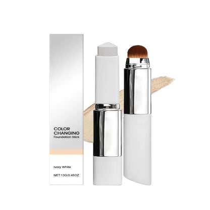 Skin Tone Adapting Color-Changing Foundation Stick 2-Piece with Built-In Brush & Puff – Lightweight Matte Finish Sheer to Buildable Coverage