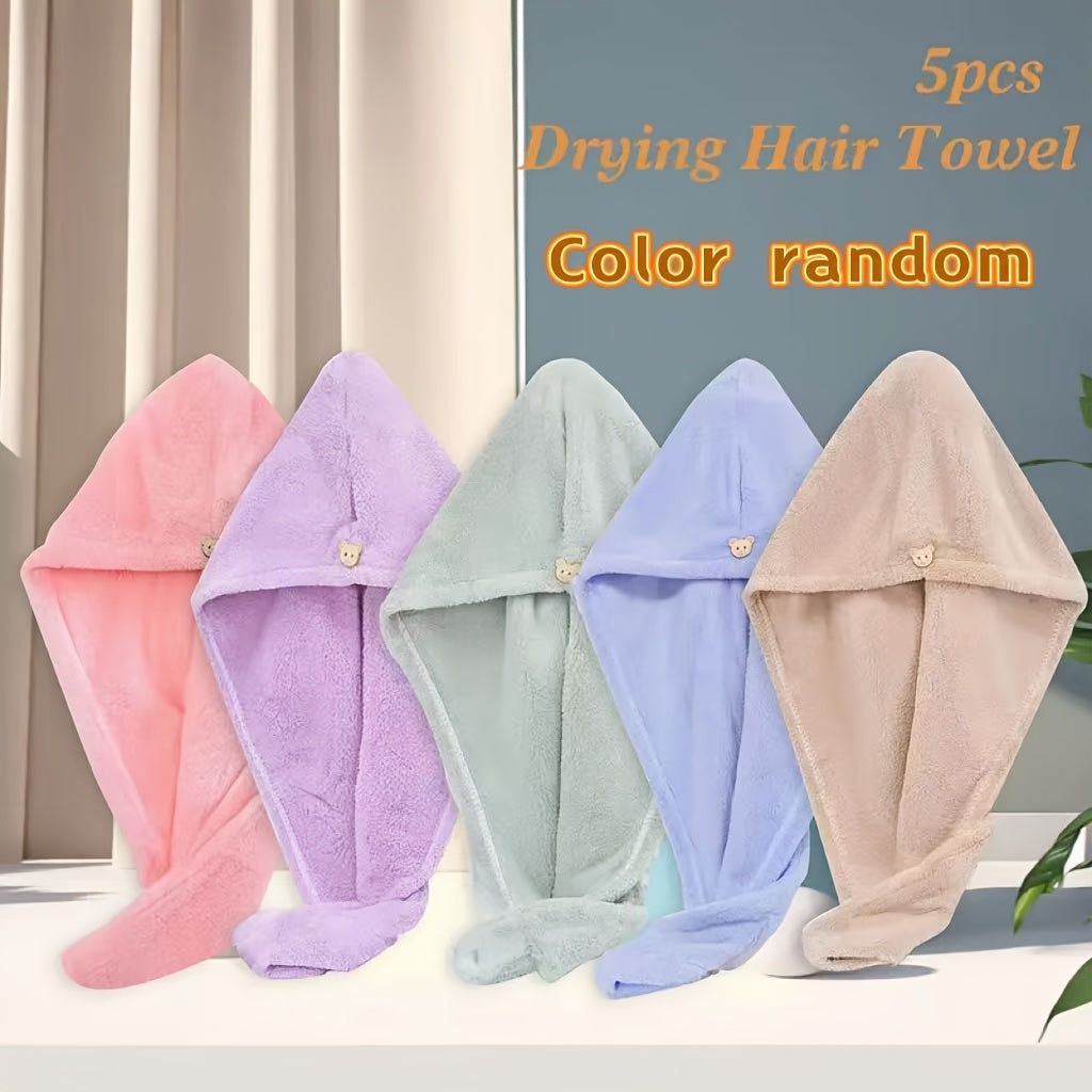 Microfiber Hair Towels 5 Pack - Super Coral Fleece Hair Wrap Towel Set, Bathroom Hair Drying Towels