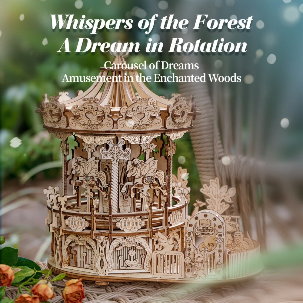 Rotating Merry-Go-Round Wooden Puzzle Kit, Mechanical Carousel 3D Model for Adults & Teens, DIY Kinetic Display Piece