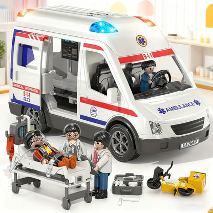 Ambulance Toy Playset for Kids Ages 3-8, Realistic Friction-Powered Emergency Vehicle with Flashing Lights & Siren Sound