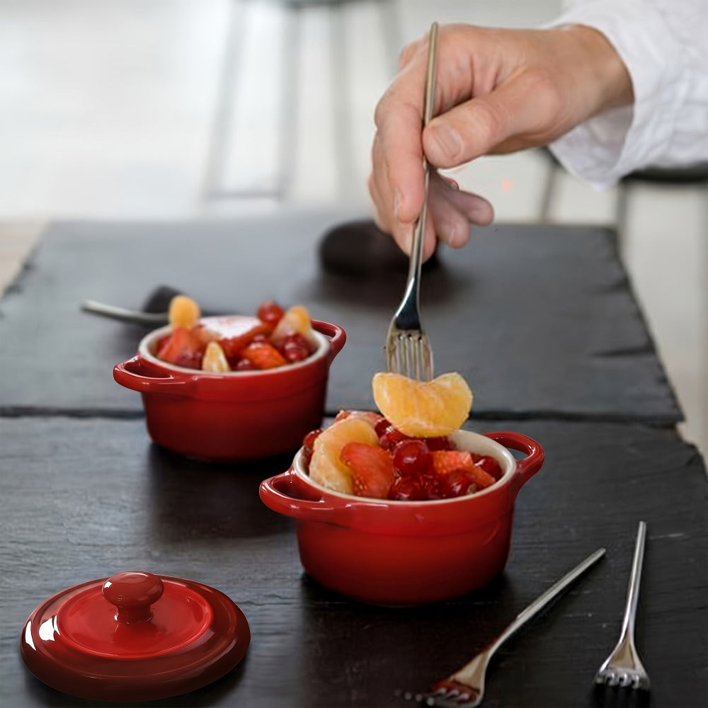 Mini Cocotte Ceramic Casserole Dishes Set of 4 with Lids and Handles - 12oz Baking Ramekins Microwave Cookware