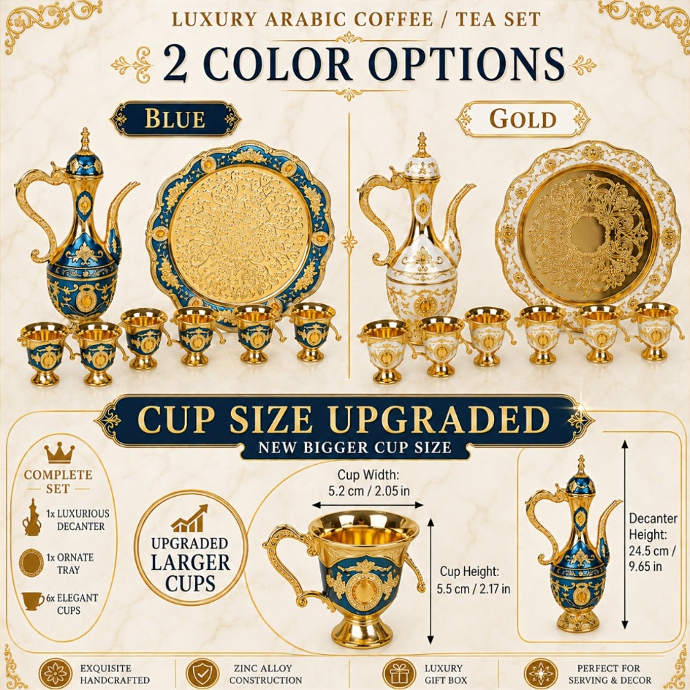 Vintage Turkish Coffee Tea Set – Zinc Alloy Teapot, 6 Cups & Tray | European Style Luxury Gift Set for Tea, Coffee & Cappuccino