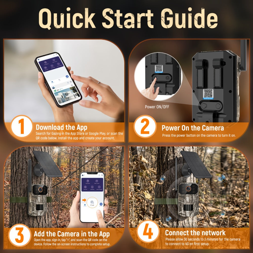4G LTE Cellular Trail Camera with Solar Panel, 4K Wildlife Monitoring Camera, PIR Motion Sensor, Infrared Night Vision