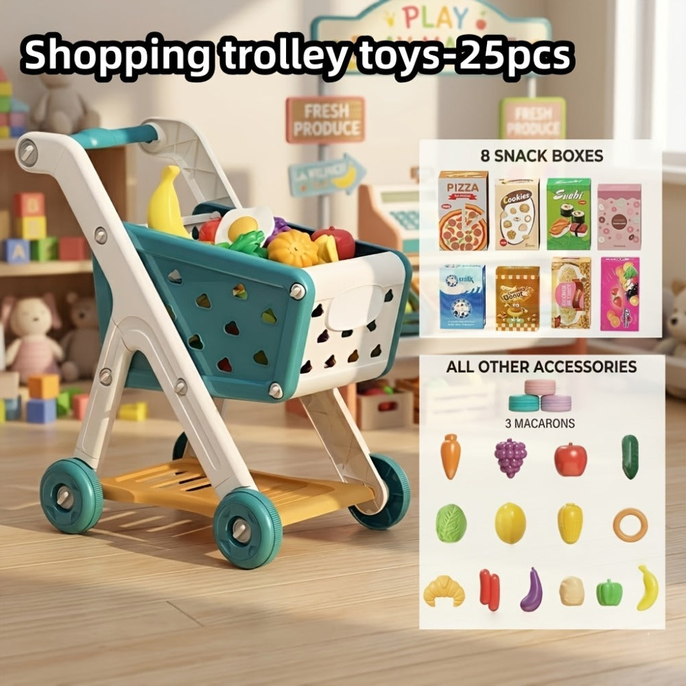 Kids Pretend Play Shopping Cart Toy Set with Realistic Food & Grocery Accessories, Supermarket Role Play for Toddlers Girls Boys Ages 3+