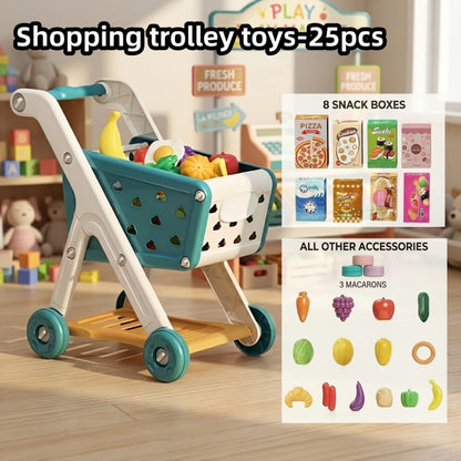 Kids Pretend Play Shopping Cart Toy Set with Realistic Food & Grocery Accessories, Supermarket Role Play for Toddlers Girls Boys Ages 3+