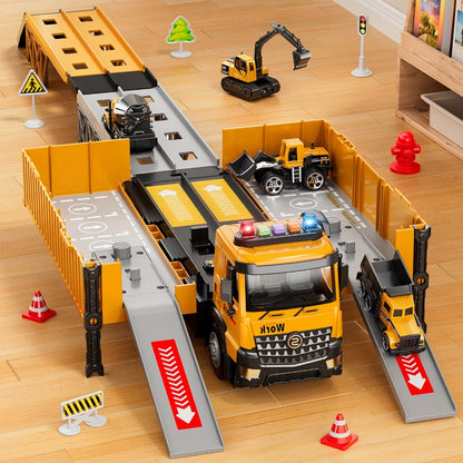 Construction Vehicle Container Truck Toy Set with Crane & Foldable Double Race Track, 4 Alloy Trucks