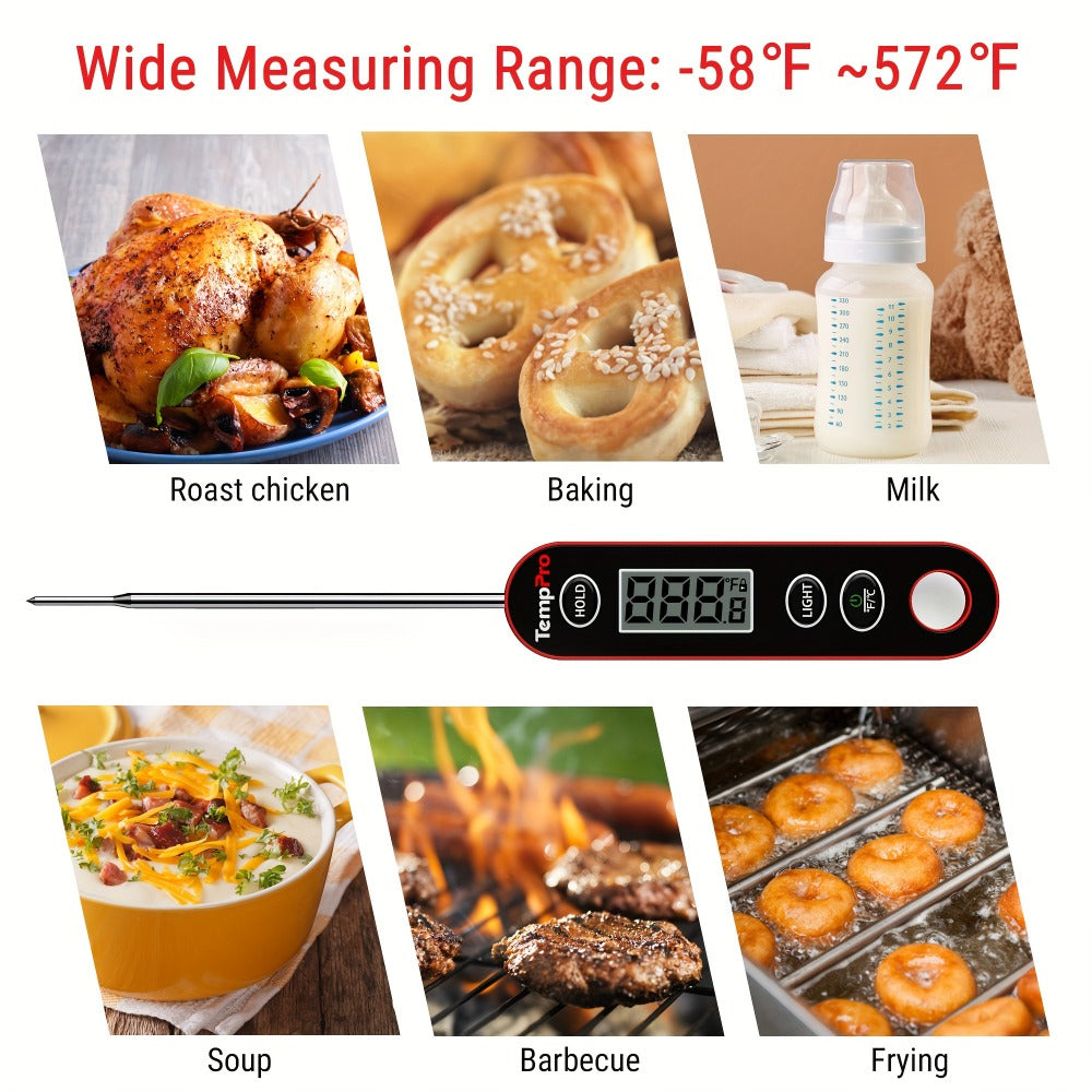 Instant Read Meat Thermometer, TempPro IC6030 Fast 3-Second Digital Kitchen BBQ Thermometer with 4.72" Foldable Probe & Backlit Display