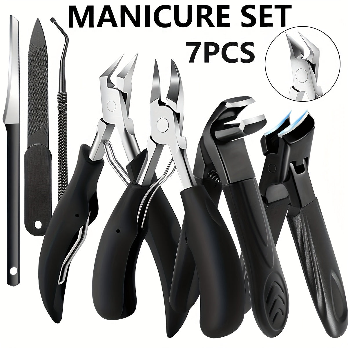 Seven-Piece Toenail Tool Set with Four Black-Handle Clippers, File and Two Slim Detail Tools