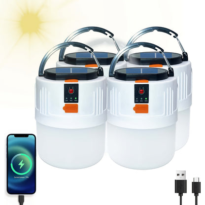 Solar Camping Lantern Four-Pack with USB-C Charging, Three Lighting Modes, Power Display and Carry Handles