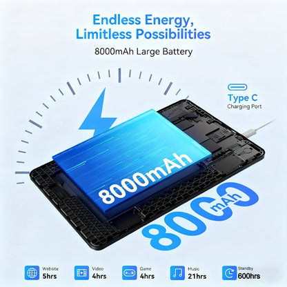 2-in-1 Tablet with Keyboard Android 15, 10.1 Inch 8GB RAM 128GB ROM 8000mAh Battery, 5G WiFi 16MP+5MP Dual Camera FHD IPS Display