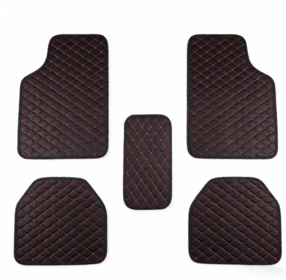 Quilted PU Car Floor Mats, Five-Piece Front and Rear Set in Red, Beige or Brown Color Options