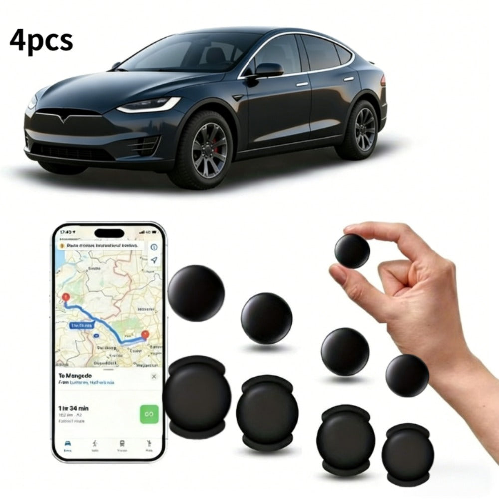Four-Pack Round Find My Locator Tags with Black Magnetic Holders for Vehicles and Personal Items