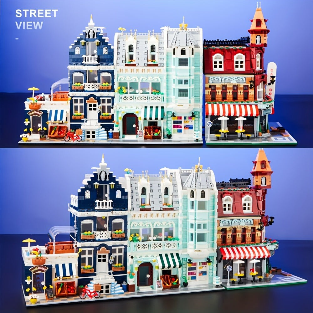 Modular City Building Blocks Set – European Architecture Grocery Store & Market Street, 3-Level Mini Brick Model Kit for Adults & Teens
