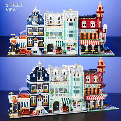 Modular City Building Blocks Set – European Architecture Grocery Store & Market Street, 3-Level Mini Brick Model Kit for Adults & Teens