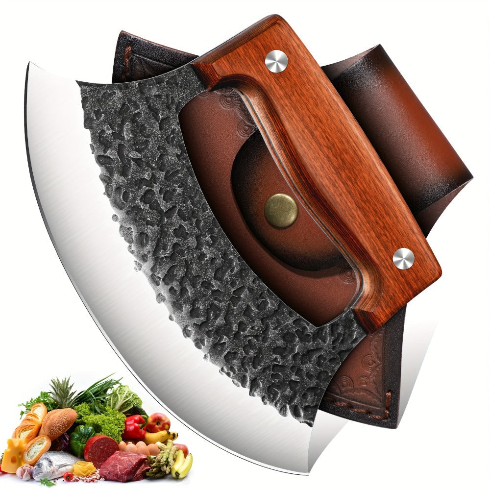 Hand-Forged Ulu Knife Rocker Blade High Carbon Steel Full Tang Rosewood Handle with Leather Sheath & Gift Box