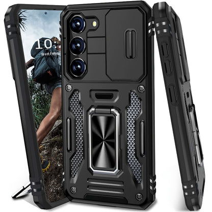 Samsung Galaxy Shockproof Magnetic Phone Case with 360° Rotating Ring Bracket & Sliding Lens Protector – Heavy Duty Cover for S24FE S23FE