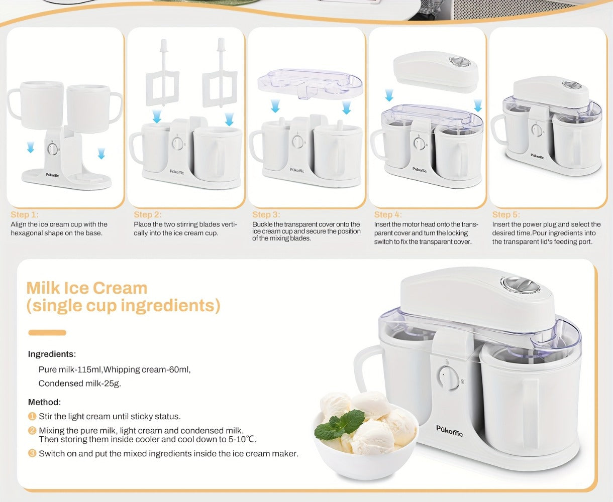Ice Cream Maker Machine Dual Cup Self-Freezing, Make 2 Flavors Homemade Ice Cream Sorbet Frozen Yogurt at Once