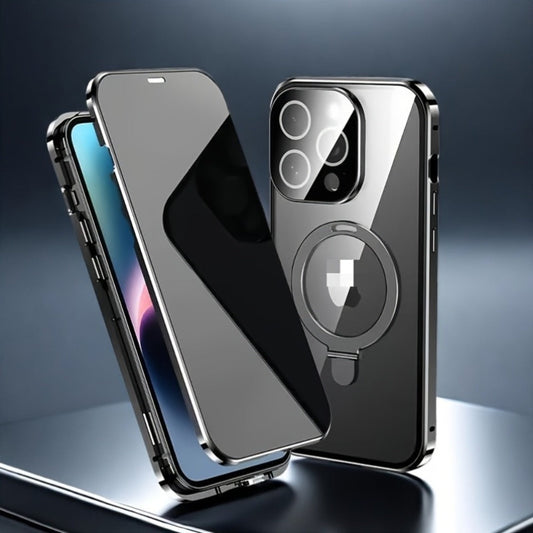 Phone Case Privacy-Panel Double-Sided Tempered Glass Cover with Snap Lock and Kickstand for iPhone 15 Models
