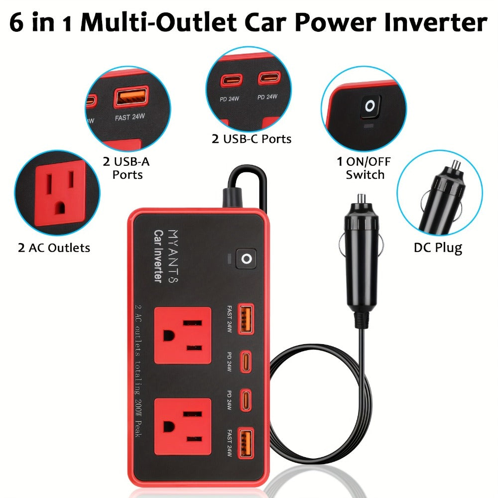 Car Power Inverter 200W – 12V DC to 110V AC, 4 USB Ports (PD & QC 3.0), Fast Charging Car Outlet Adapter for Road Trips
