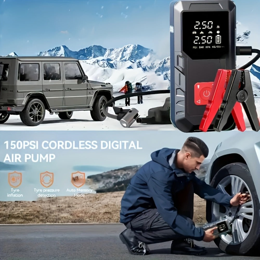 Portable Car Jump Starter 10000A – 9-in-1 Battery Booster with 350PSI Tire Inflator, LED Light, USB-C Fast Charging