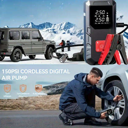 Portable Car Jump Starter 10000A – 9-in-1 Battery Booster with 350PSI Tire Inflator, LED Light, USB-C Fast Charging