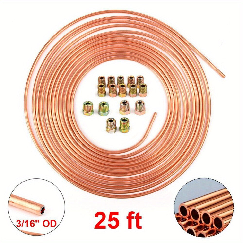 3/16" Brake Line Tubing Kit – Copper Nickel 25ft with 32 Fittings & Stainless Steel Clamps | Brake Line Repair Kit for American Cars & Most