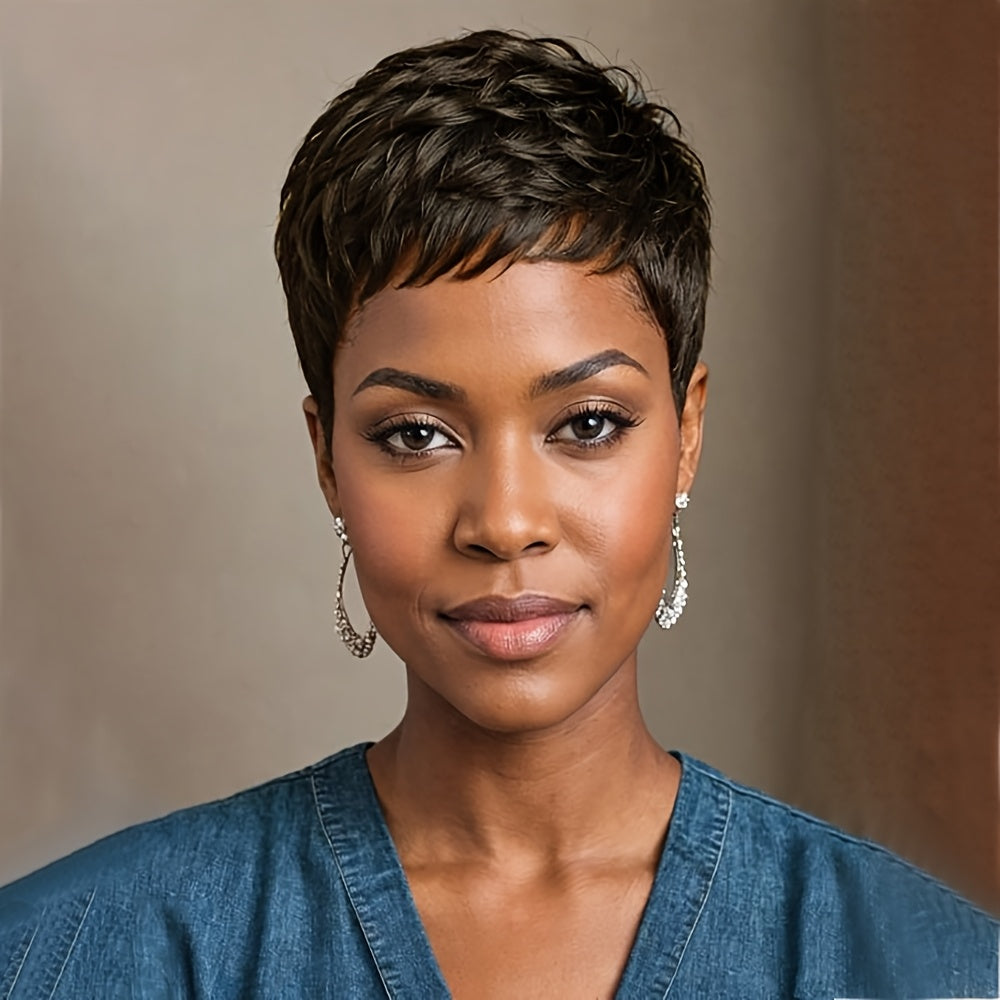 Synthetic Wig 4-Inch Glueless Pixie Cut in Two Mixed Brown-Blonde Color-Code Options for Daily Wear