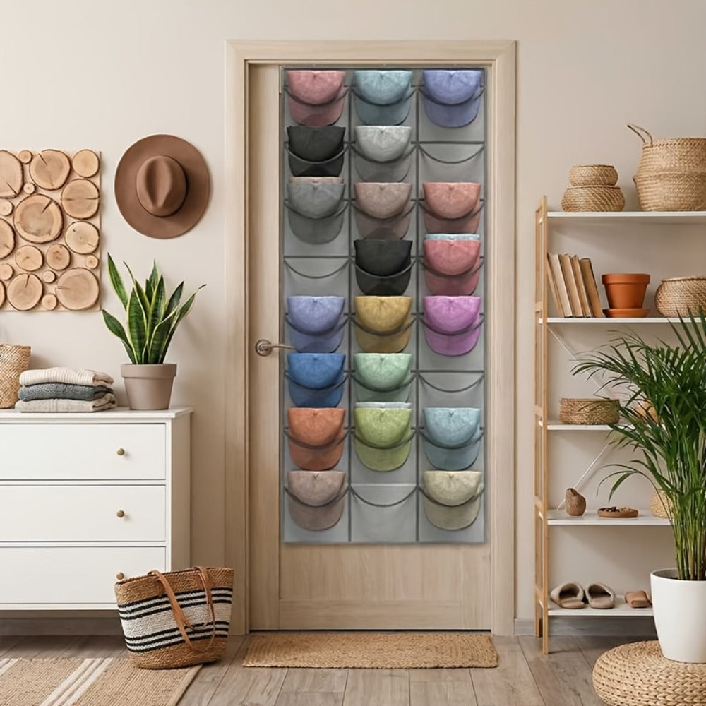 Over the Door Hat Organizer 24 Pocket - Baseball Cap Rack with Large Clear Pockets for Entryways, Bedrooms and Living Spaces