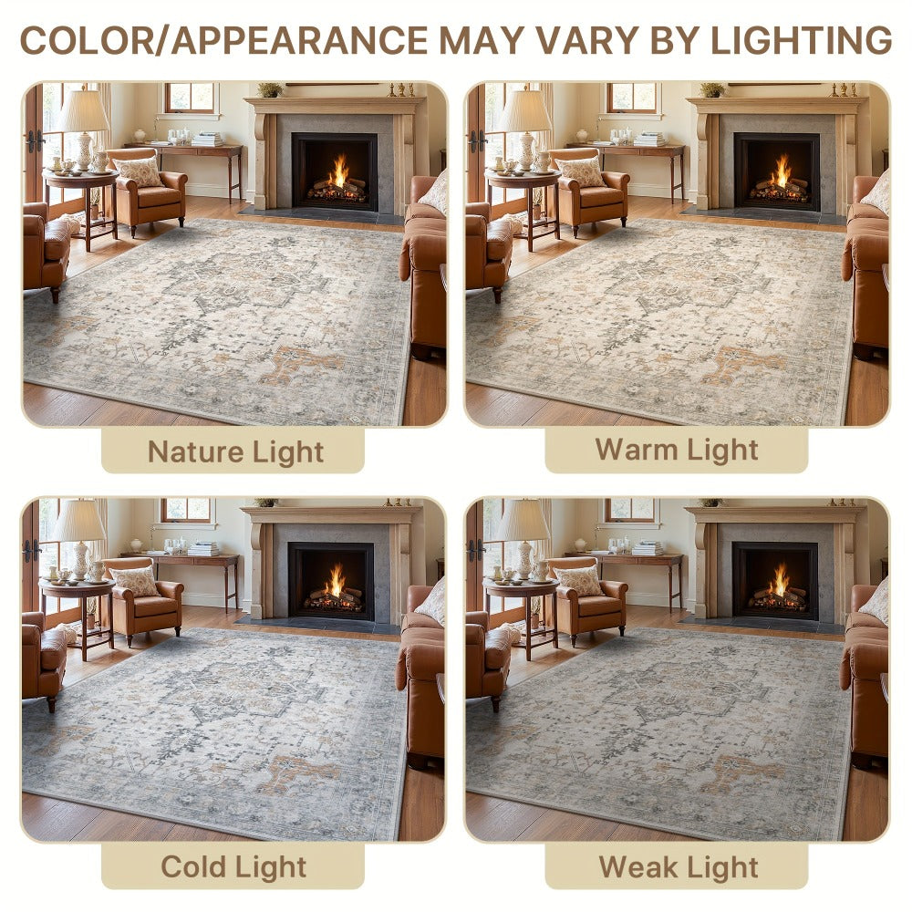 Runner Rug Machine Washable Non-Slip Vintage Hallway Area Rug Low Pile Lightweight Boho Floral for Entryway Kitchen Corridor Light Taupe