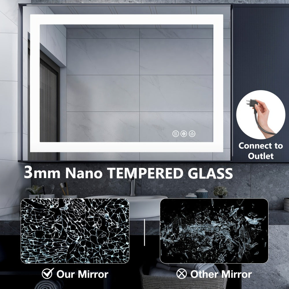 LED Bathroom Mirror with Anti-Fog, Dimmable Vanity Mirror, 3 Color Lighting Modes, Dual Light, Wall Mounted Horizontal or Vertical