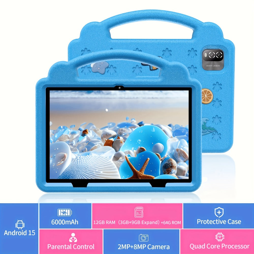 Kids Tablet 10.1 Inch with Android 15, 12GB RAM, 64GB Built-In Storage, Dual Cameras and Handle Case
