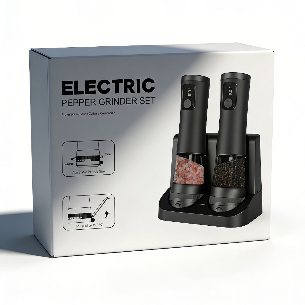 Electric Salt and Pepper Grinder Set Rechargeable USB Large with Base Adjustable Coarseness LED Display Kitchen Gift Silver Black