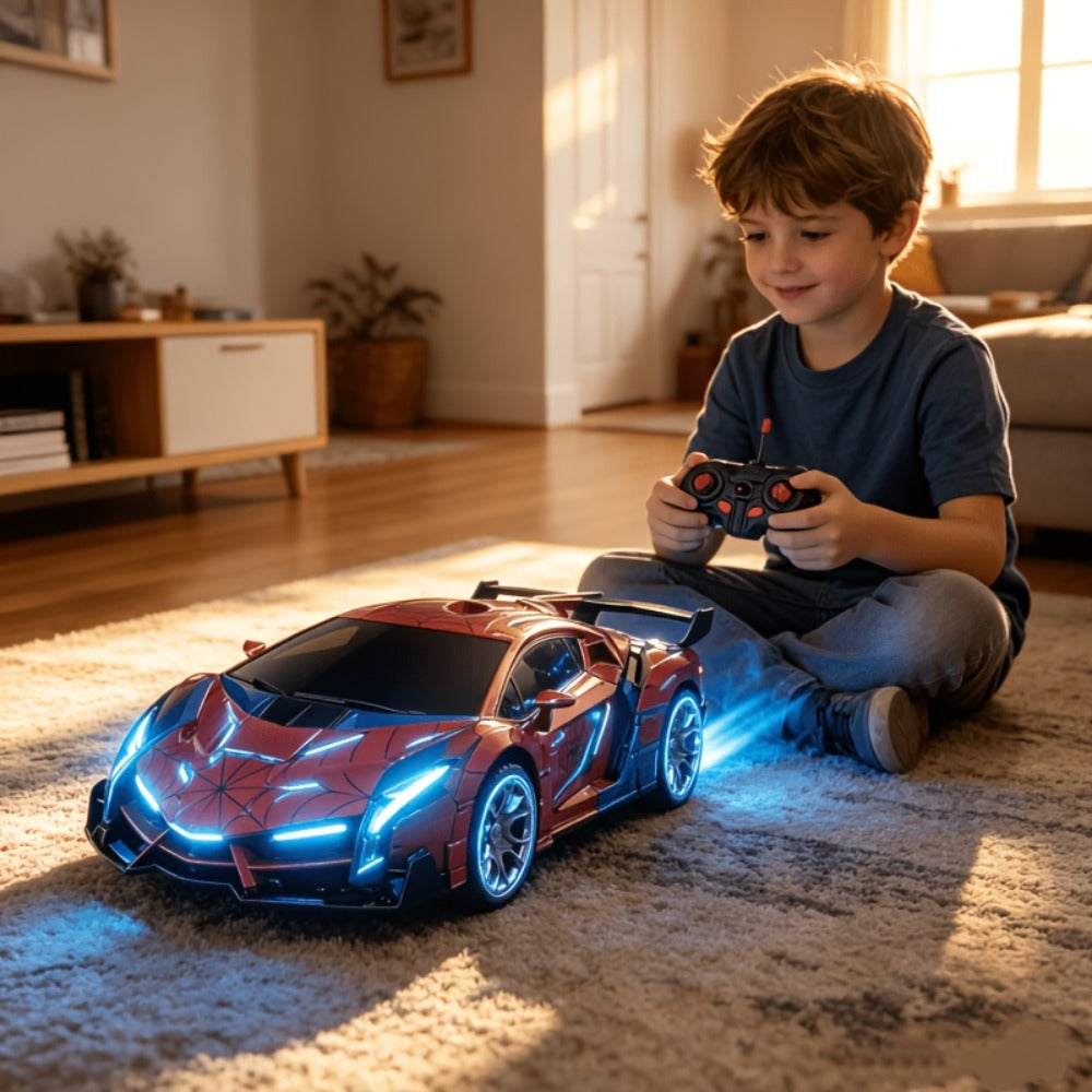 Spider Robot RC Car for Kids 1:18 with LED Lights, One-Button Transform Police Car Stunt Toy