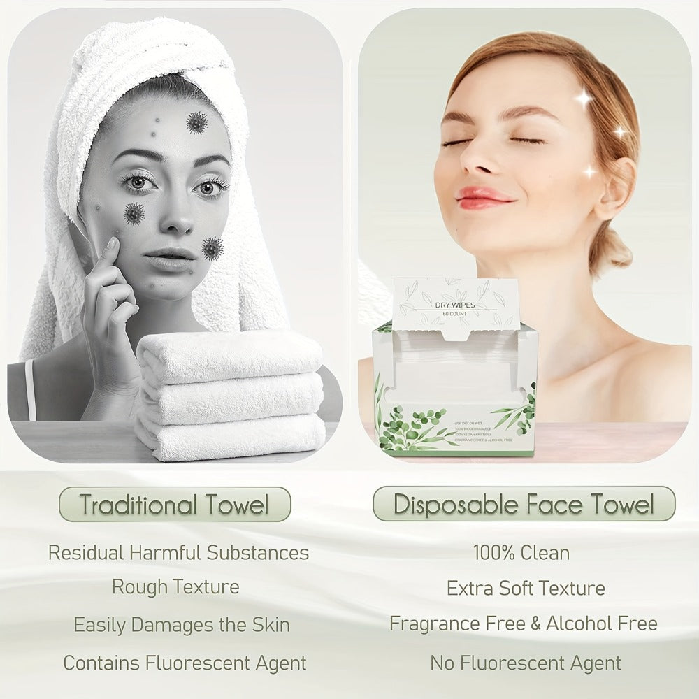 Disposable Face Towels 60 Count Extra Thick & Soft – 10x12 Inch Cotton Cleansing Wipes for Sensitive Skin, Makeup Removal