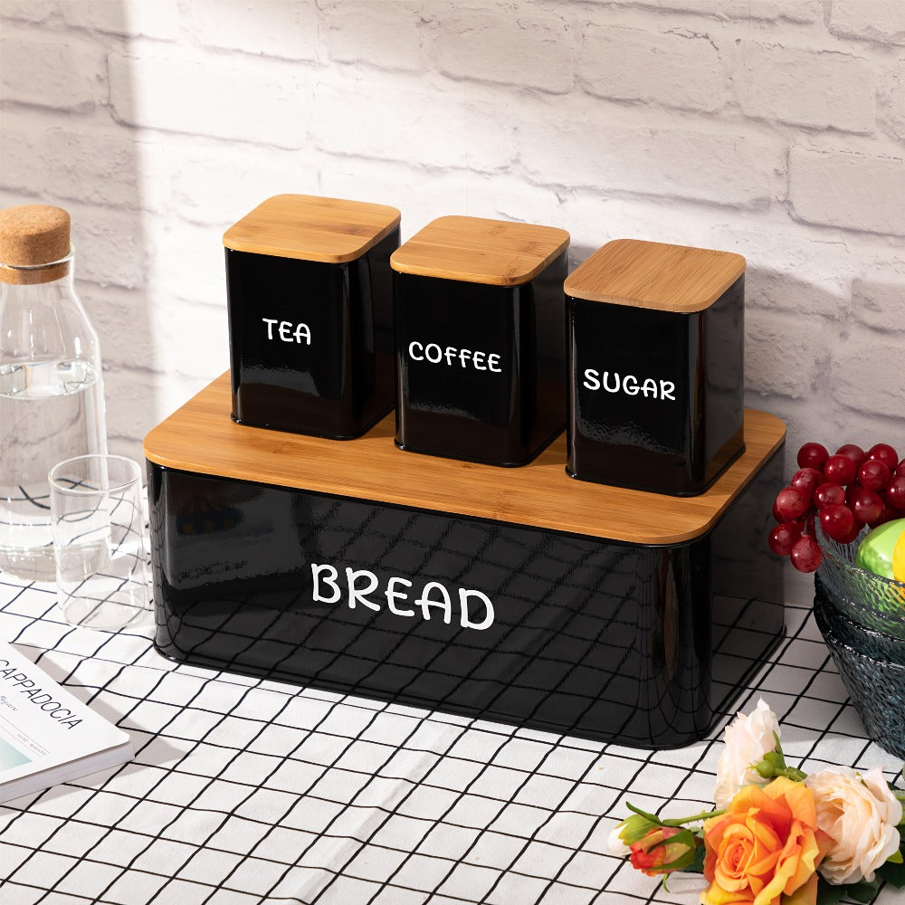 Bread Box with 3 Jars Set for Kitchen Countertop, Metal Bread Box with Bamboo Board Cover, Coffee Sugar Tea Canisters