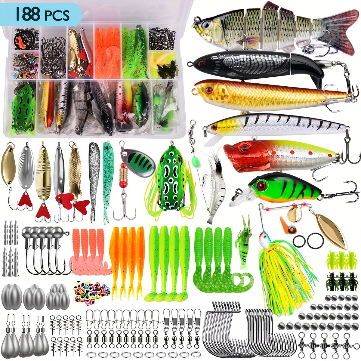 Fishing Lures Kit 78/106/188/361pcs Complete Freshwater Tackle Set with Spoon Lures Soft Plastic Worms Crankbaits Jig Hooks Tackle Box